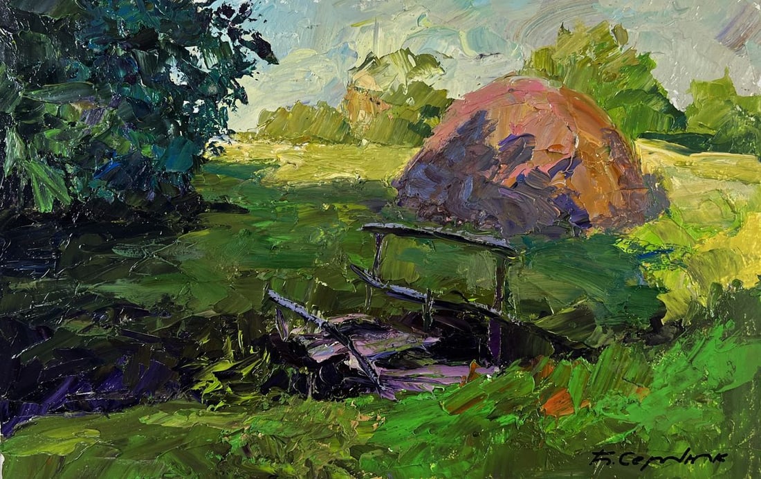 Oil painting Old pedestrian bridge Boris Serdyuk: Title: Oil painting Old pedestrian bridge Boris Serdyuk Description: №AAA5466The Oil painting on Cardboard titled “Old pedestrian bridge” captures a quiet rural scene infused with