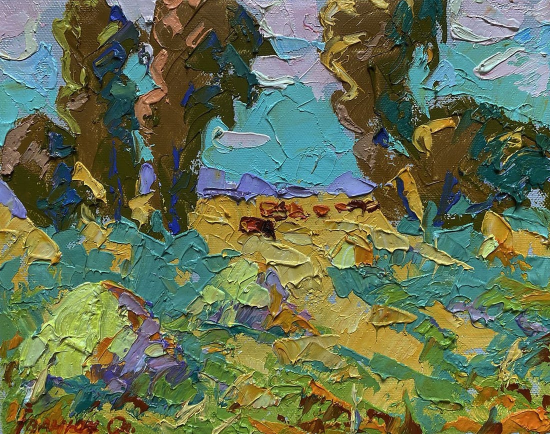 Oil painting Morning on the pasture Oleksiy Ivanyuk: Title: Oil painting Morning on the pasture Oleksiy Ivanyuk Description: №Kalen 1546The oil painting on Canvas titled "Morning on the Pasture" captures the tranquil essence of a pastoral sunrise