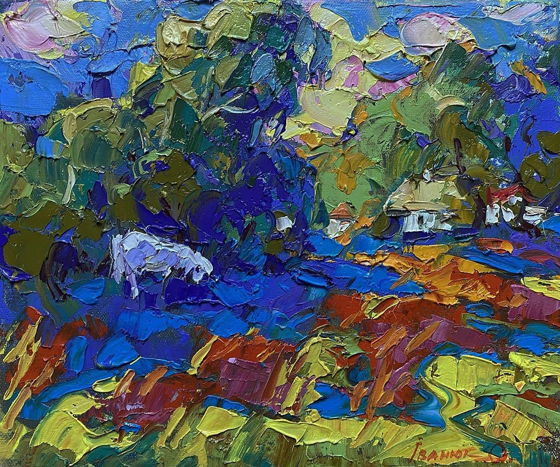 Oil painting In the evening field Oleksiy Ivanyuk: Title: Oil painting In the evening field Oleksiy Ivanyuk Description: №Kalen 1556The oil painting on Canvas titled "In the Evening Field" captures a moment of rural tranquility at dusk,