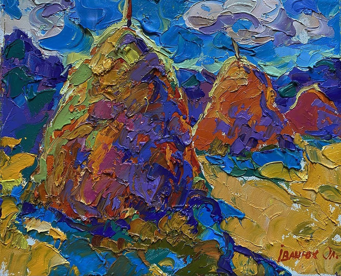 Oil painting Haystacks in a summer field Oleksiy Ivanyuk: Title: Oil painting Haystacks in a summer field Oleksiy Ivanyuk Description: №Kalen 1561The oil painting on Canvas titled "Haystacks in a Summer Field" is a vibrant celebration of the rural