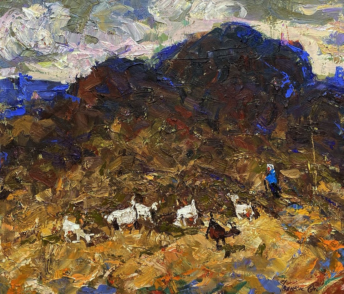 Oil painting In the foothills Oleksiy Ivanyuk: Title: Oil painting In the foothills Oleksiy Ivanyuk Description: №Kalen 1587The oil painting on Canvas titled "In the Foothills" immerses the viewer in a rugged, rural scene where the raw