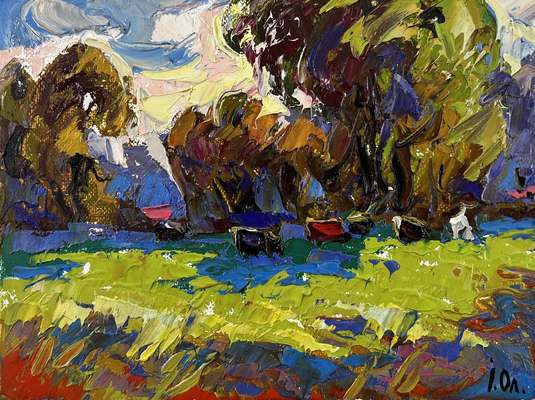 Oil painting Noon on the рasture Alex Kalenyuk: Title: Oil painting Noon on the рasture Alex Kalenyuk Description: №AAA5277The oil painting on Canvas titled "Noon on the Pasture" captures a vibrant and emotionally resonant rural scene,