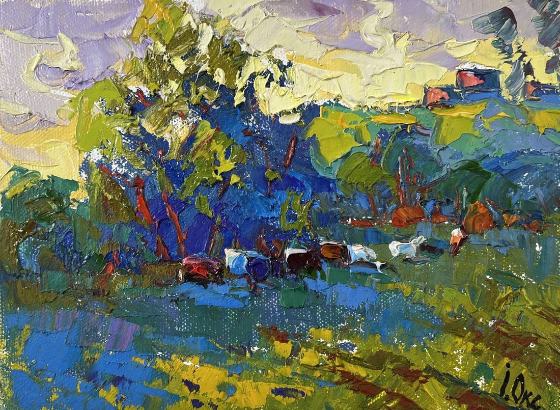 Oil painting Quiet morning Oksana Kalenyuk: Title: Oil painting Quiet morning Oksana Kalenyuk Description: №AAA5280The oil painting on Canvas titled "Quiet Morning" immerses the viewer in a serene pastoral moment, where nature wakes