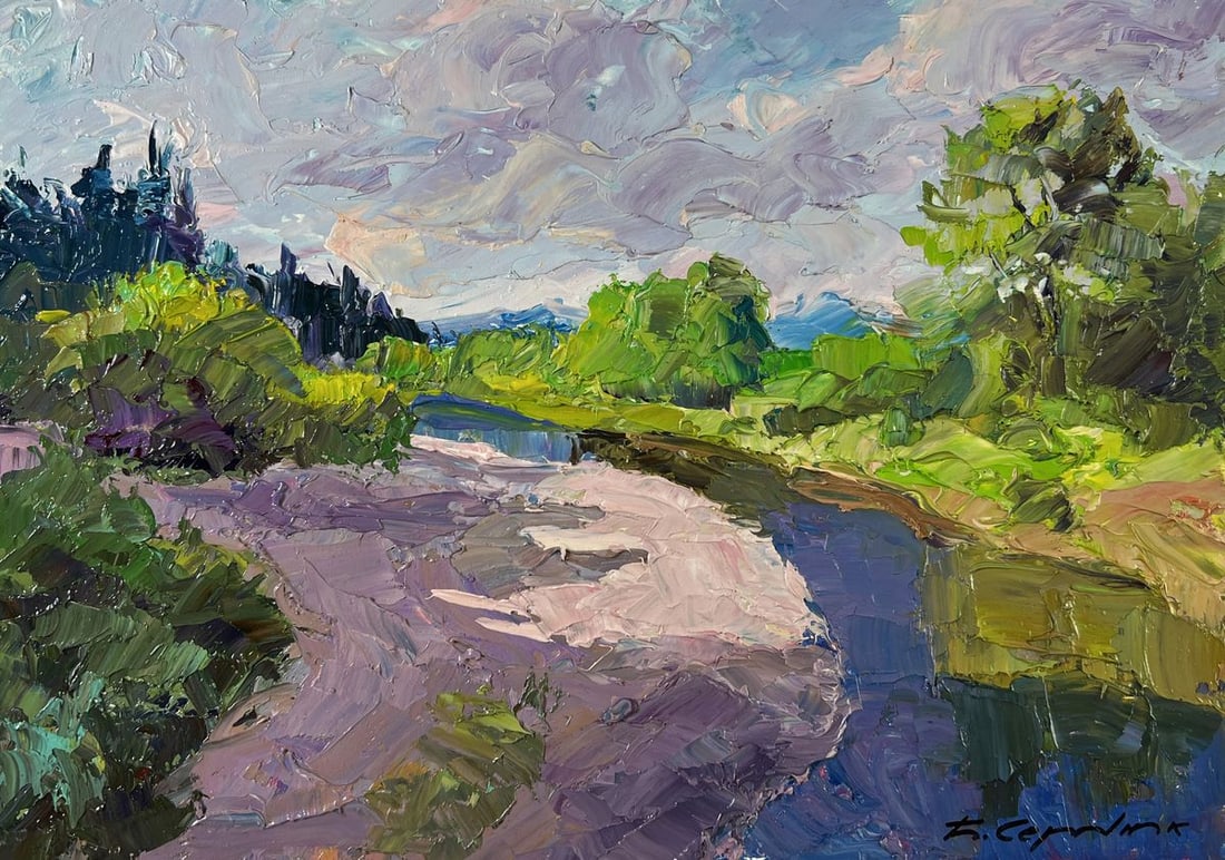 Oil painting Sand underfoot Boris Serdyuk: Title: Oil painting Sand underfoot Boris Serdyuk Description: №AAA5321The oil painting on Cardboard titled "Sand underfoot" captures a moment of serene natural beauty, where a winding riverbank