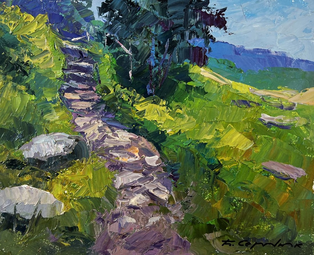Oil painting Stone road to the mountains Boris Serdyuk: Title: Oil painting Stone road to the mountains Boris Serdyuk Description: №AAA5329The oil painting on Cardboard titled "Stone Road to the Mountains" evokes a vivid sense of journey and connecti