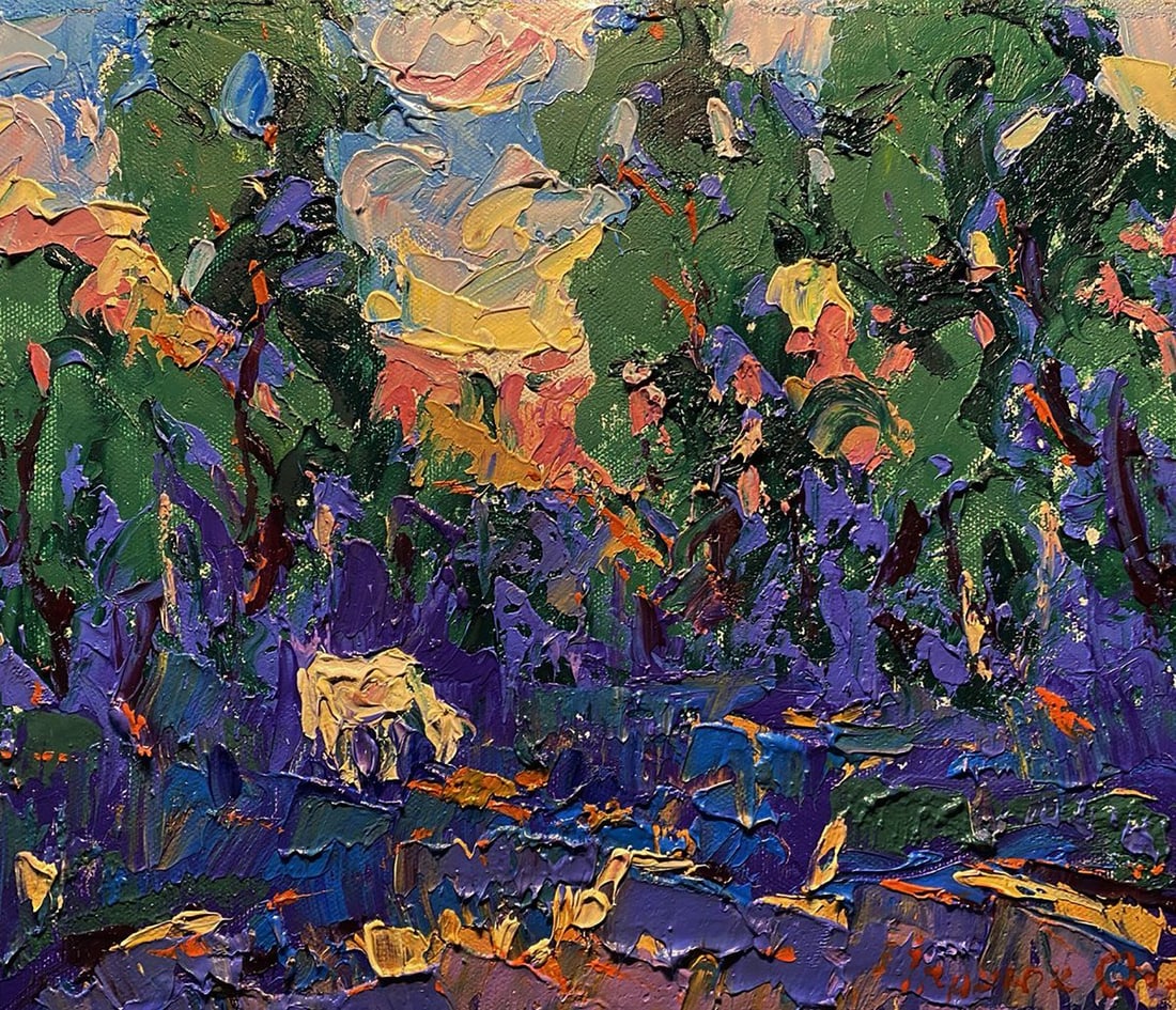 Oil painting Sunset beyond the forest Alex Kalenyuk: Title: Oil painting Sunset beyond the forest Alex Kalenyuk Description: №Kalen 1489The oil painting on canvas titled "Sunset Beyond the Forest" presents a vivid and emotionally charged interpret