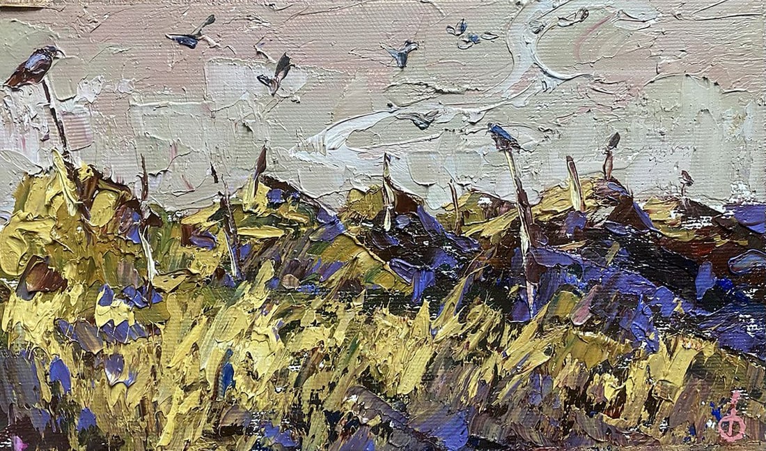 Oil painting Last year's straw Alex Kalenyuk: Title: Oil painting Last year's straw Alex Kalenyuk Description: №Kalen 1289"Last Year's Straw" is a textured oil painting that captures a pastoral scene of a field with remnants of the