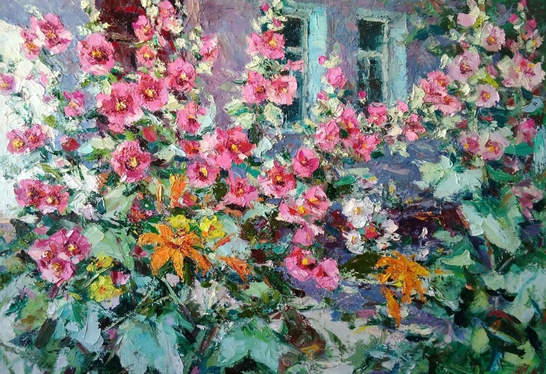 Mallow near the house Alexander Nikolaevich Cherednichenko: Title: Mallow near the house Alexander Nikolaevich Cherednichenko Description: №Cher 56 *** ABOUT THIS PAINTING *** * TITLE: "Mallow near the house" * ARTISTS: Alexander Nikolaevich
