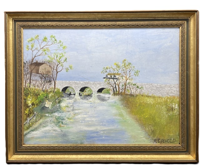 PA FOLK ART Stone Bridge PAINTING C. REINHOLD Primitive original oil: Date/Period: unknownDimension: Approx 18.5 x 14.5Material: oil on board, wood frameAdditional Information: This product is an original oil painting on board by artist C. Reinhold, depicting a stone br