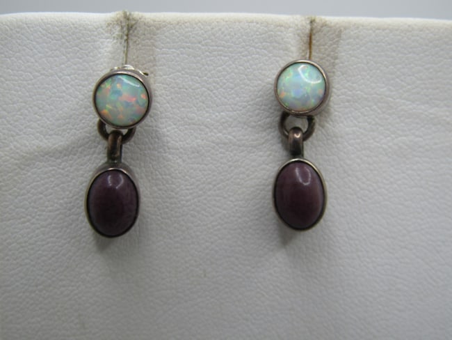 Vintage Sterling Created Opal/Purple Stone Earrings, Southwestern: DescriptionVintage Sterling Created Opal/Purple Stone Earrings, Southwestern stud and dangle. The stud is an appx. 6mm round created bezel-set opal from which a bezel-set oval purple stone that is app