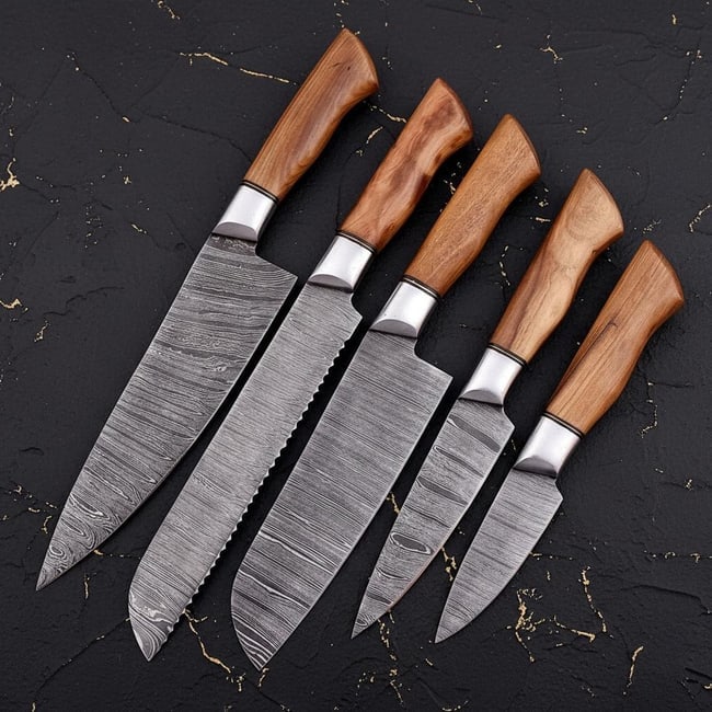 Hand Forged 5-Piece Kitchen Knife Set Twist Pattern Damascus Steel Chef Cutlery: Title:Hand Forged 5-Piece Kitchen Knife Set Twist Pattern Damascus Steel Chef CutleryDescription:Discover this custom 5-piece chef knife set, expertly hand forged from high-performance Damascus steel.