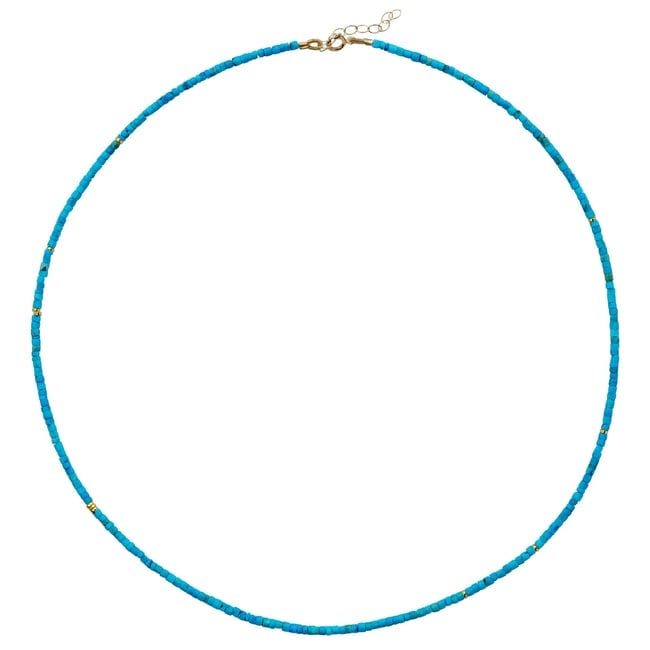 Tiny Turquoise Tube 18k Gold Necklace: Title:Tiny Turquoise Tube 18k Gold NecklaceDescription:A whisper of color, captured in gold.Our Tiny Turquoise Tube Necklace features smooth micro-cut turquoise beads, each hand-strung to showcase its