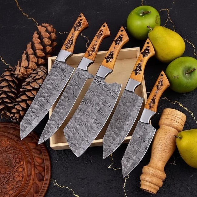 Hand Forged 5pc Chef Knife Set with Engraved Cocobolo Wood Handles Damascus Pattern: Title:Hand Forged 5pc Chef Knife Set with Engraved Cocobolo Wood Handles Damascus PatternDescription:This is a handmade set of five kitchen knives, designed for both home and professional use. Each kn