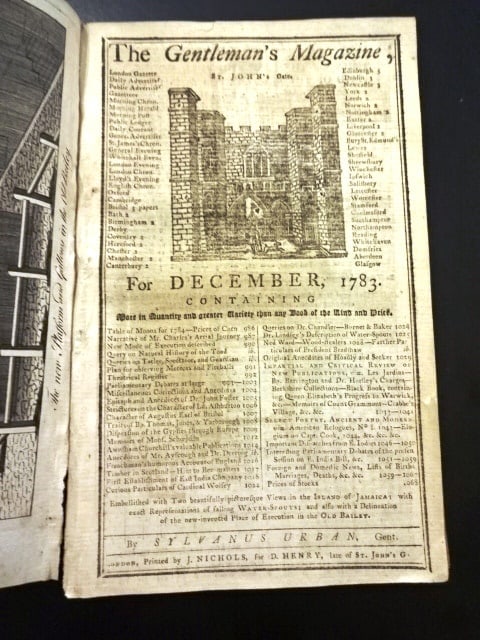 1783 Magazine RARE Engraving of Waterspouts Jamaica: Title: 1783 Magazine RARE Engraving of Waterspouts JamaicaAdditional Information: The December 1783 issue of Gentleman's Magazine printed at London by Sylvanus Urban, 84 pages plus index for the year,