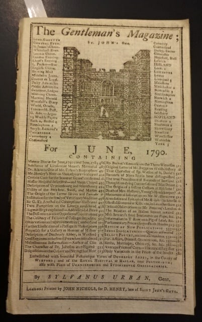 1790 Gentlemans Magazine Benjamin Franklin Obituary: DescriptionTitle: 1790 Gentlemans Magazine Benjamin Franklin ObituaryAdditional Information: The June 1790 issue of The Gentleman's Magazine printed at London by Sylvanus Urban, 96 pages followed by i