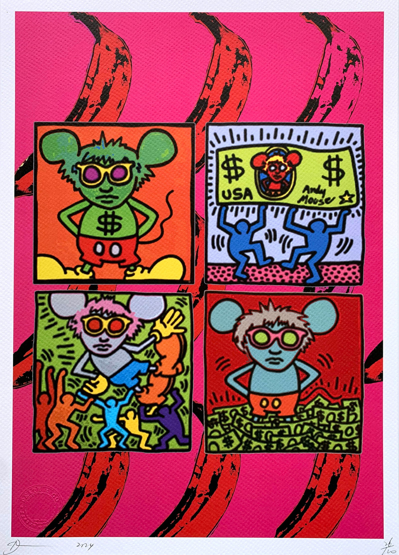 Death NYC Keith Haring Andy Mouse: Title:Death NYC Keith Haring Andy Mouse Date/Period:21st Century Materials:Giclee on Fine art 300 gsm paper Size:17 3/4 x 12 1/2 inches Description:Artist: Death NYC, limited edition giclee on paper,