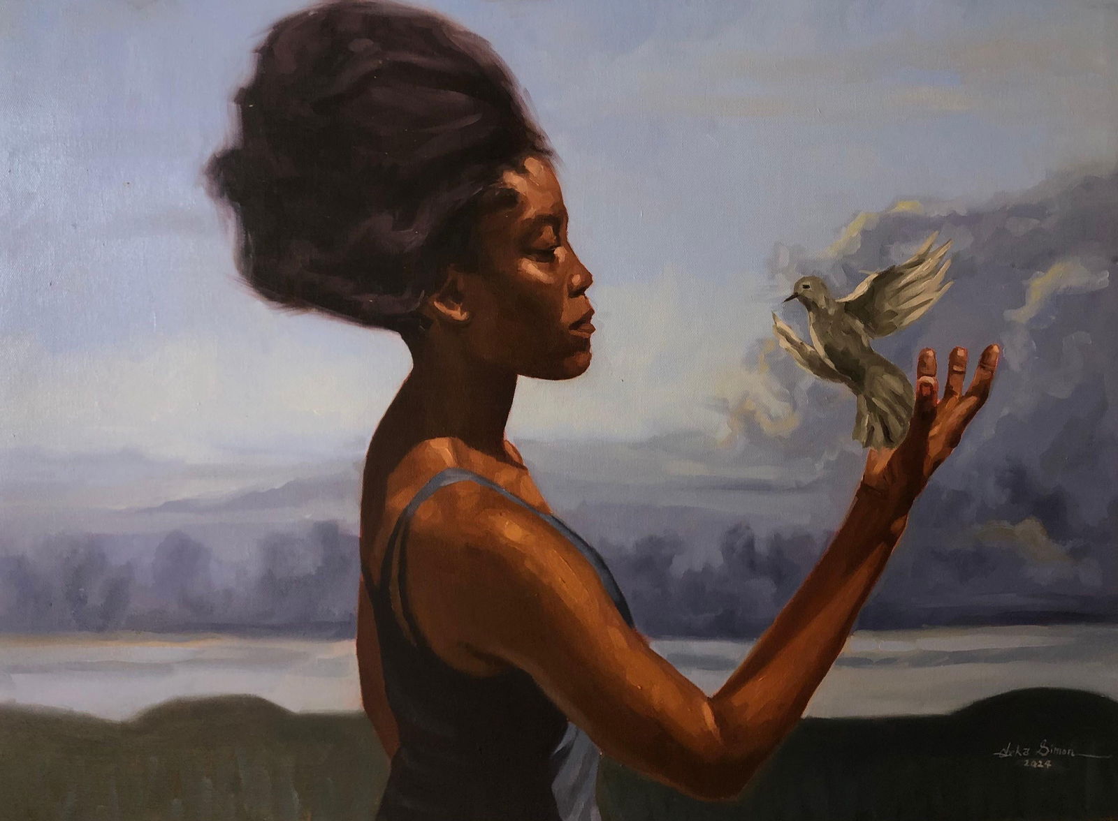 Simon Obeka, Surely I Will Fly - 21st Century, Contemporary, Figurative, Women, Bird, Oil, 2024: Creator: Simon Obeka (1996, Nigerian) Creation Year: 2024 Dimensions: Height: 30 in (76.2 cm)Width: 40 in (101.6 cm)Depth: 1 in (2.54 cm) Medium: Canvas,Oil Movement & Style: Contemporary Period: 21st