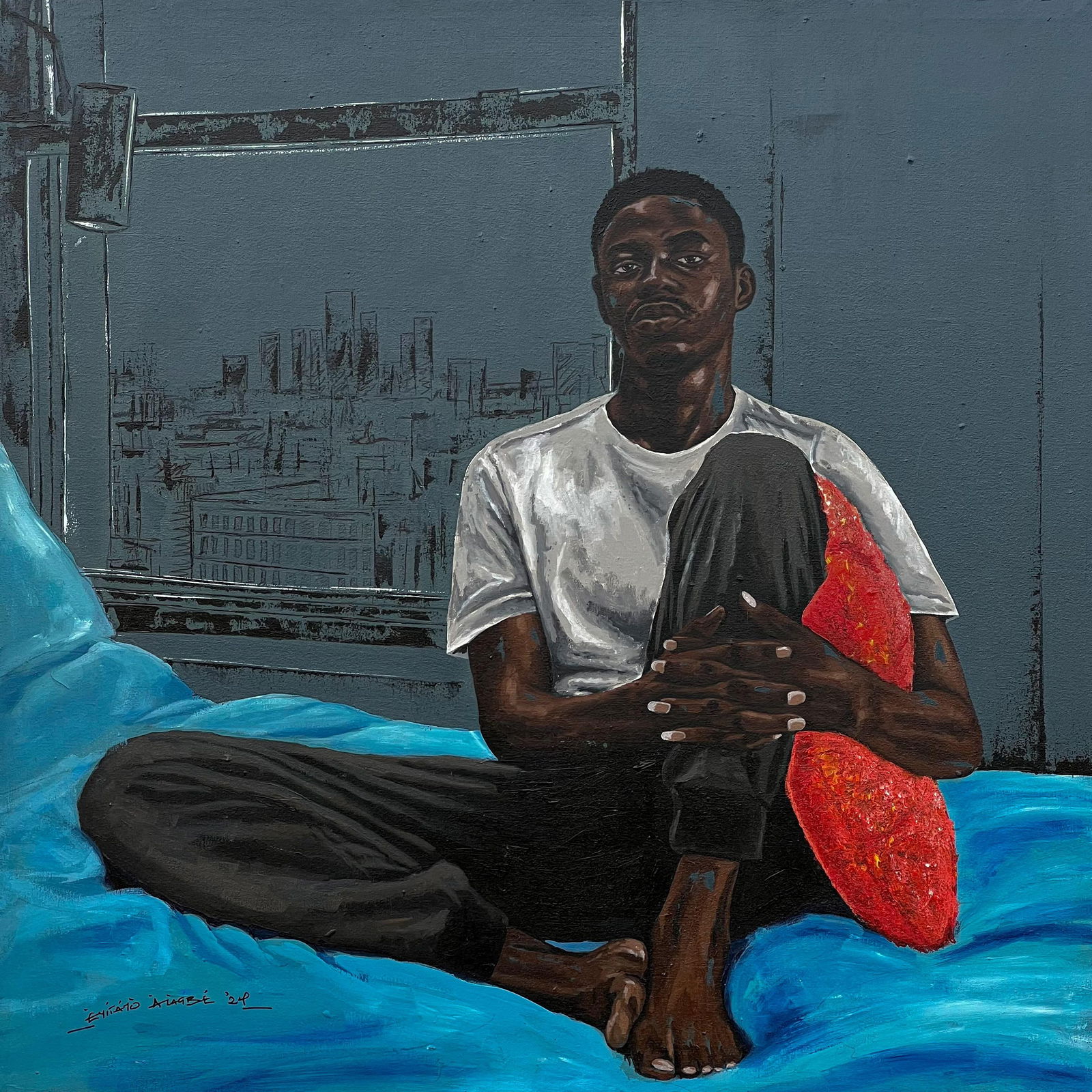 Eyitayo Alagbe , Mindscapes - 21st Century, Contemporary, Figurative Portrait, Men, Home, Africa,: Creator: Eyitayo Alagbe (1997, Nigerian) Creation Year: 2024 Dimensions: Height: 36 in (91.44 cm)Width: 36 in (91.44 cm)Depth: 1 in (2.54 cm) Medium: Canvas,Ink,Acrylic Movement & Style: Contemporary