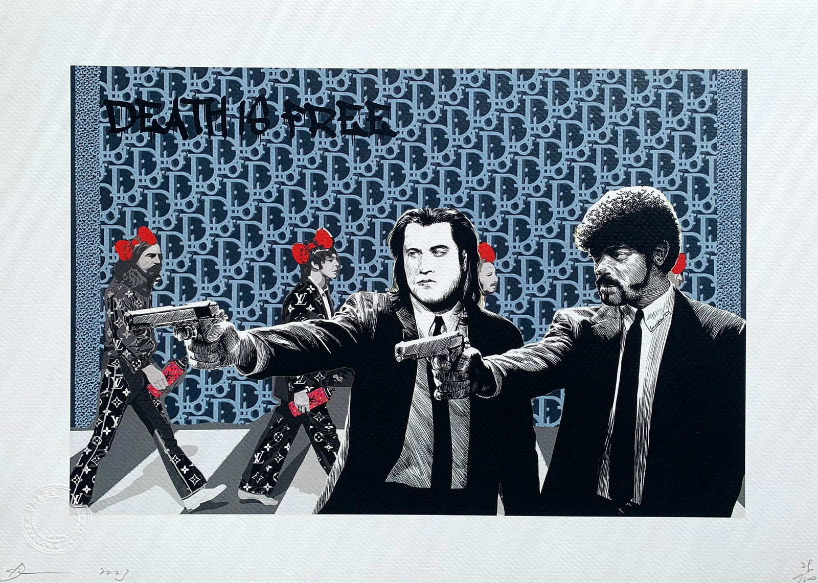 Death NYC Dior Beatles Pulp Fiction: Title:Death NYC Dior Beatles Pulp Fiction Date/Period:21st Century Materials:Giclee on Fine art 300 gsm paper Size:17 3/4 x 12 1/2 inches Description:Artist: Death NYC, limited edition giclee on paper