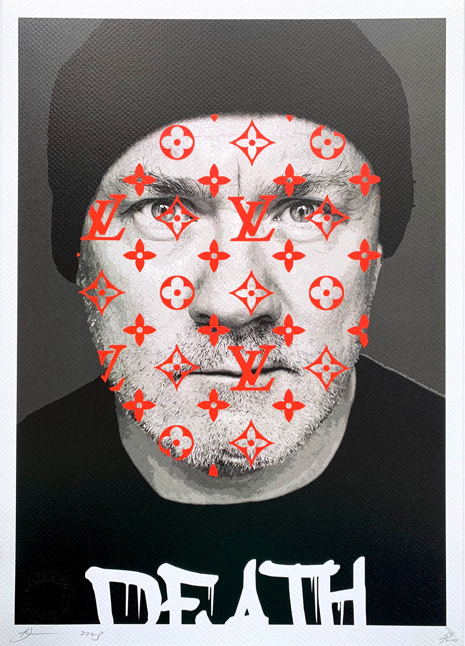 Death NYC Damien Hirst Louis Vuitton: Title:Death NYC Damien Hirst Louis VuittonDate/Period:21st CenturyMaterials:Giclee on Fine art 300 gsm paperSize:17 3/4 x 12 1/2 inchesDescription:Artist: Death NYC, limited edition giclee on paper,