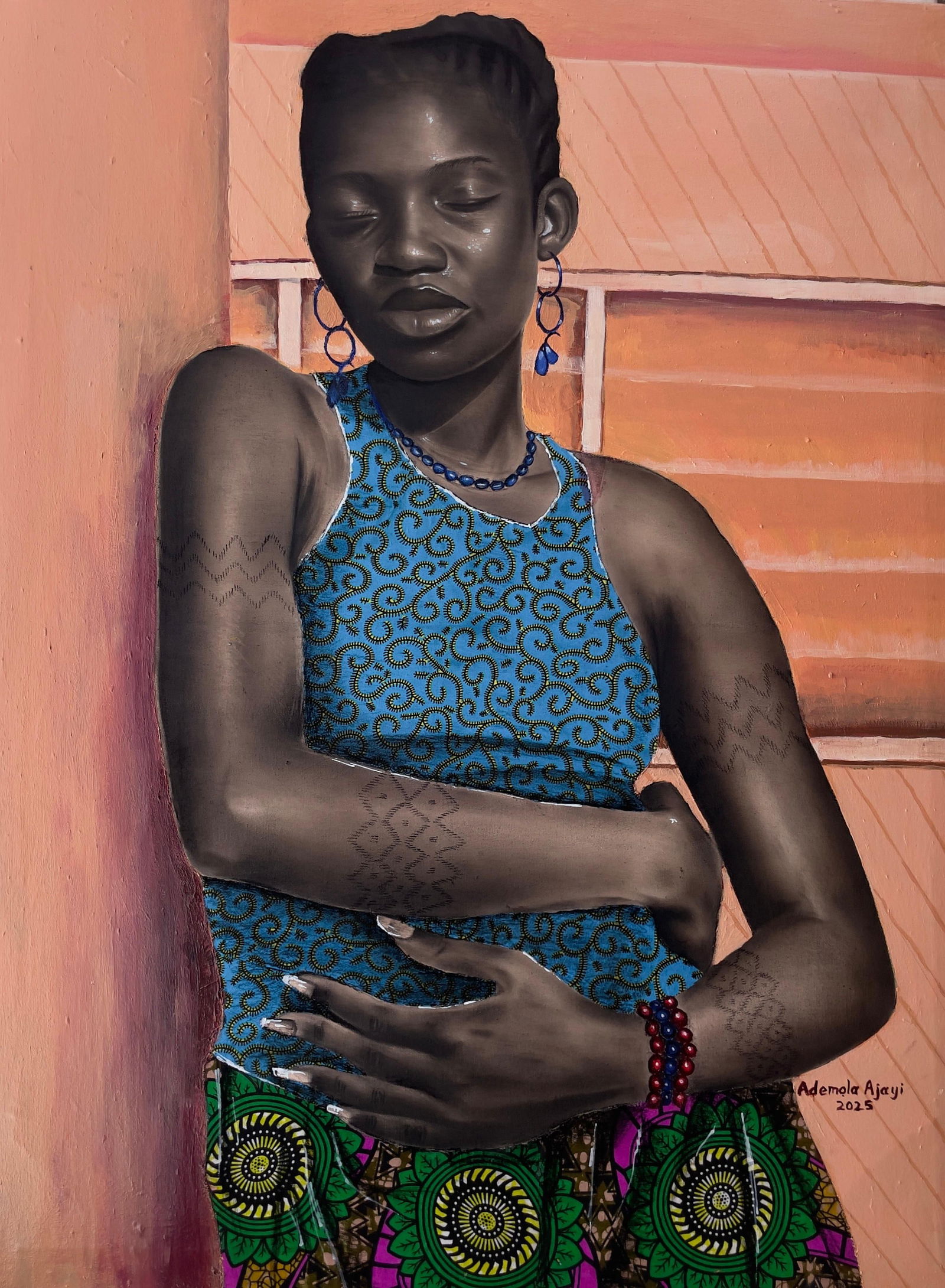 Ademola Clement Ajayi, Peace Within - 21st Century, Contemporary, Figurative Portrait, Africa,: Creator: Ademola Clement Ajayi (Nigerian) Creation Year: 2025 Dimensions: Height: 40 in (101.6 cm)Width: 30 in (76.2 cm)Depth: 1 in (2.54 cm) Medium: Fabric,Canvas,Charcoal,Mixed