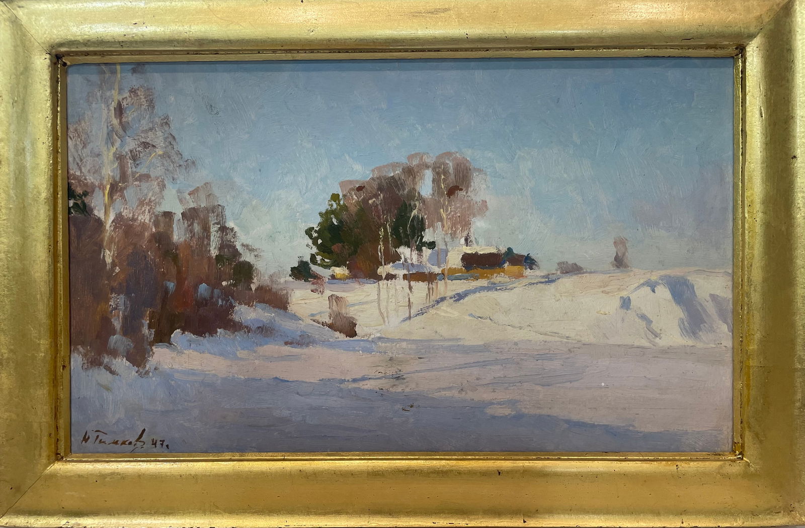 Winter Hut: Title:Winter Hut Description:Nikolai Efimovich Timkov (1912-1993) is considered an important Russian painter, despite working within the Soviet era's Socialist Realism, he maintained his artistic inte