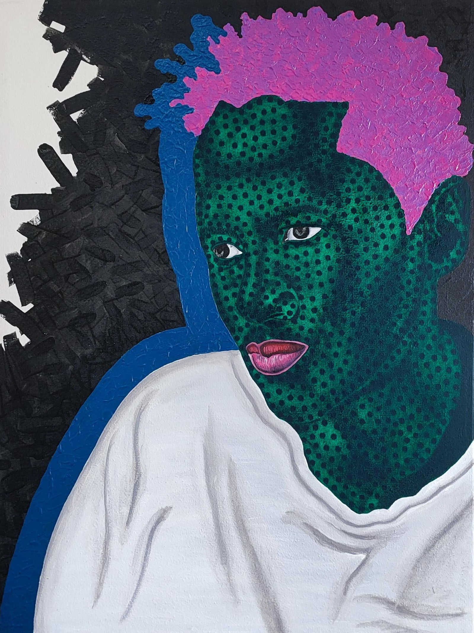 Makama John, Despair - 21st Century, Contemporary, Figurative, Floral, Men Love, Dotted Green, 2024: Creator: Makama John (1992, Nigerian) Creation Year: 2024 Dimensions: Height: 40 in (101.6 cm)Width: 30 in (76.2 cm)Depth: 1 in (2.54 cm) Medium: Canvas,Charcoal,Oil,Acrylic Movement & Style: 