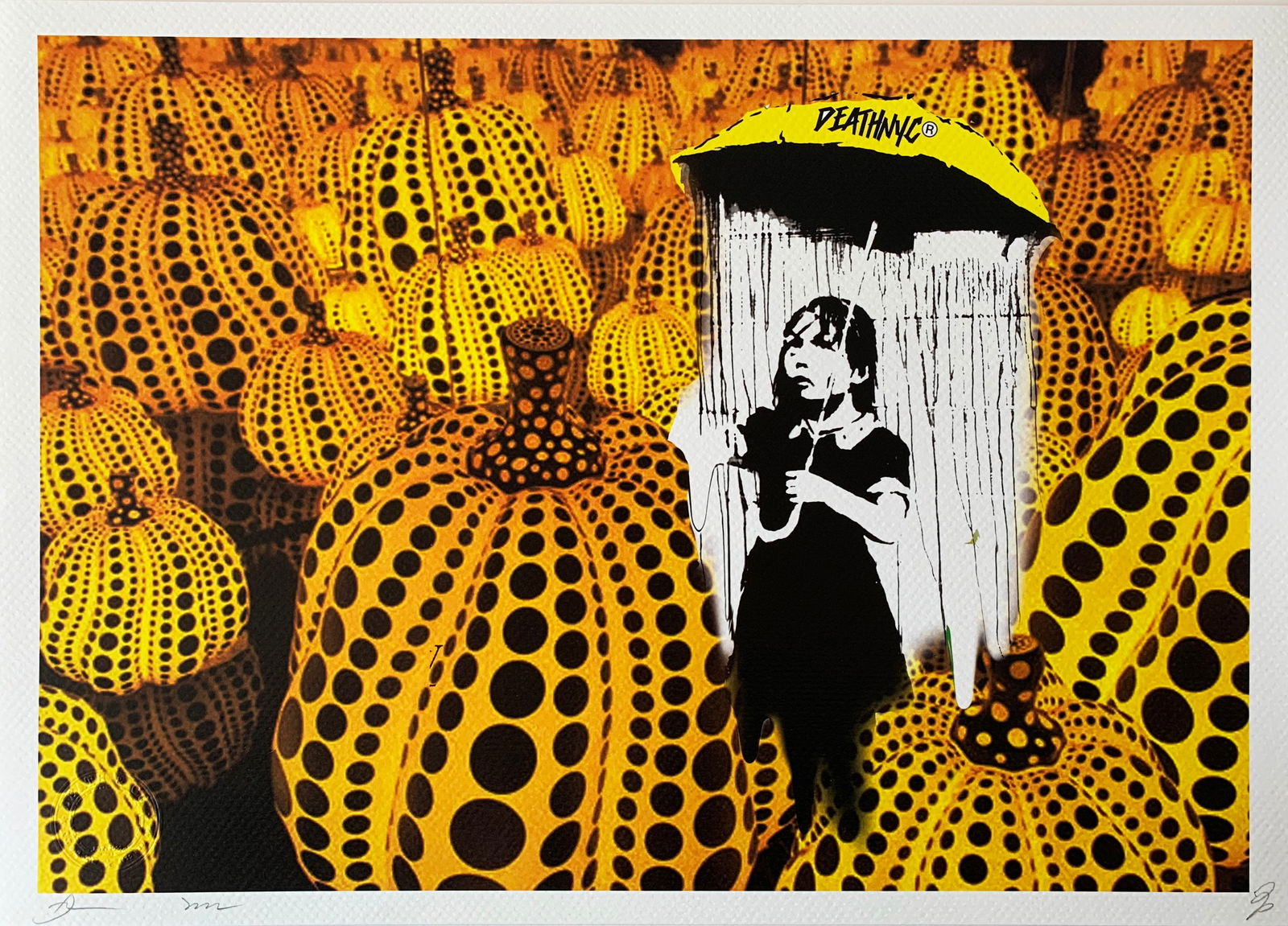 Death NYC Banksy Kusama: Title:Death NYC Banksy KusamaDate/Period:21st CenturyMaterials:Giclee on Fine art 300 gsm paperSize:17 3/4 x 12 1/2 inchesDescription:Artist: Death NYC, limited edition giclee on paper, out of