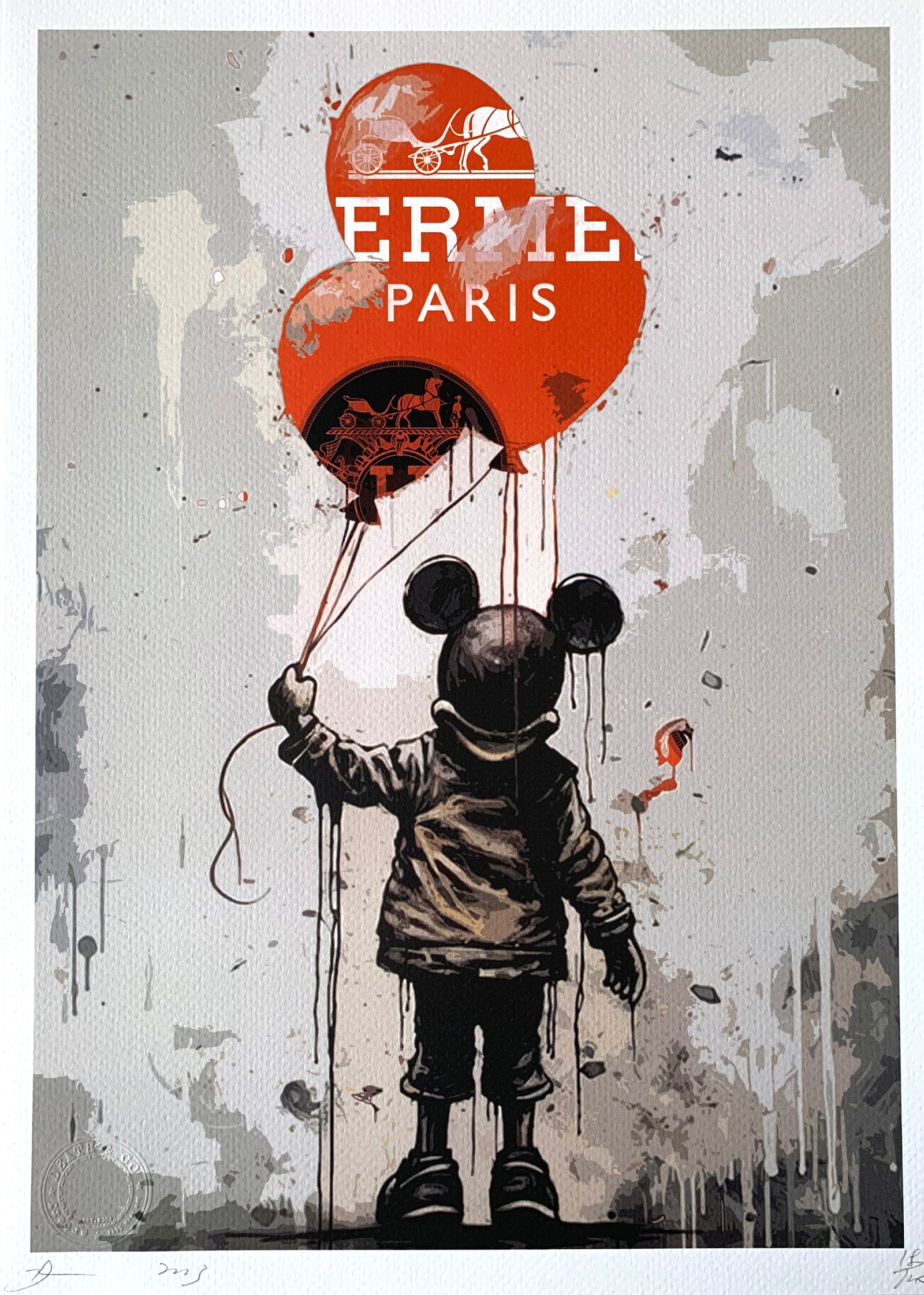Death NYC Banksy Hermes: Title:Death NYC Banksy HermesDate/Period:21st CenturyMaterials:Giclee on Fine art 300 gsm paperSize:17 3/4 x 12 1/2 inchesDescription:Artist: Death NYC, limited edition giclee on paper, out of