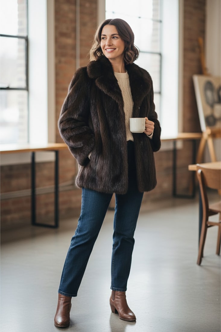 BROWN BEAVER FUR JACKET EU: M ; US: 12 - 2