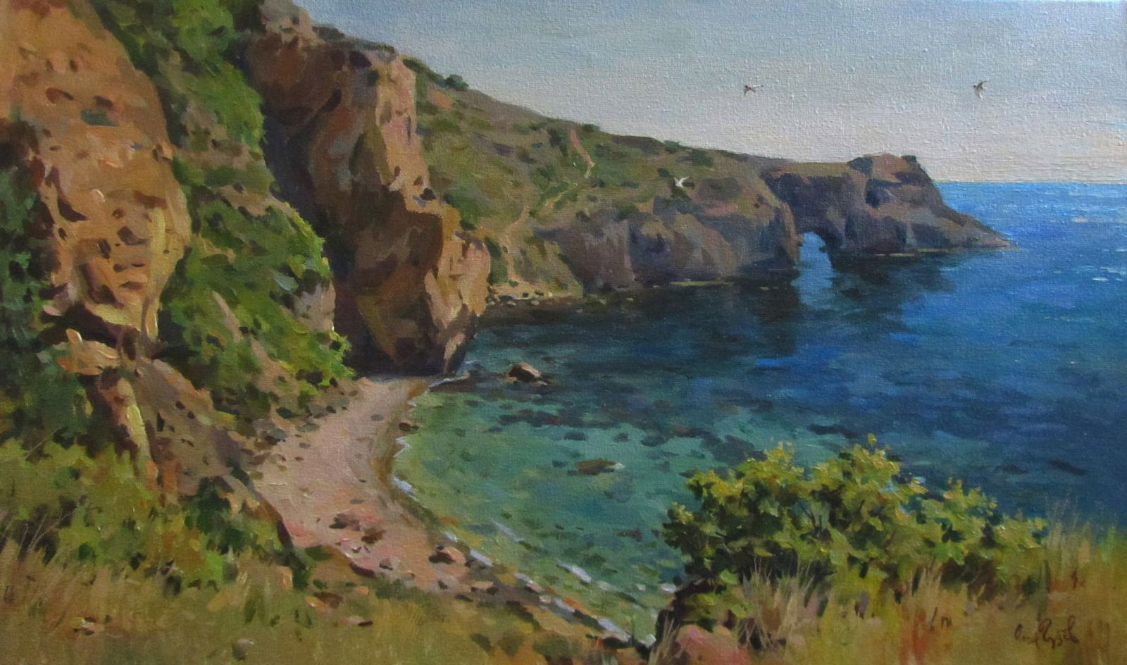 Oil painting Mountain coast Alexander Guzev: Title: Oil painting Mountain coast Alexander Guzev Description: 11GUZ Painter: Alexander Guzev Size: 30x50 cm/11.81x19.68 inches Components: oil, canvas Original painting CONDITION: excellent ARTIST: