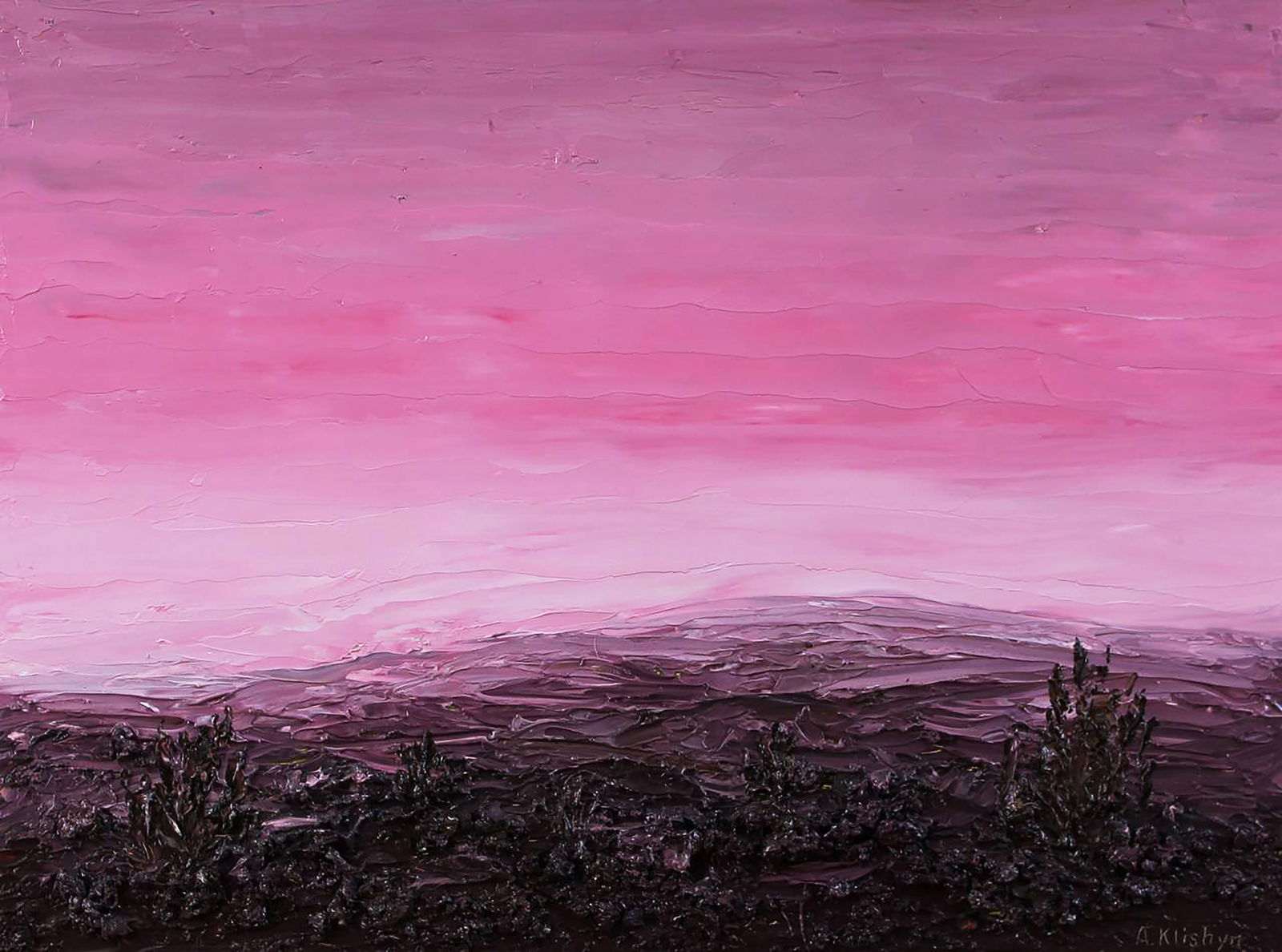 Oil painting Pink landscape Andriy Klishyn: Title: Oil painting Pink landscape Andriy Klishyn Description: 67KLISH Painter: Andriy Klishyn Size: 30x40 cm/11.81x15.74 inches Components: oil, dvp Original painting CONDITION: excellent ARTIST: Bor