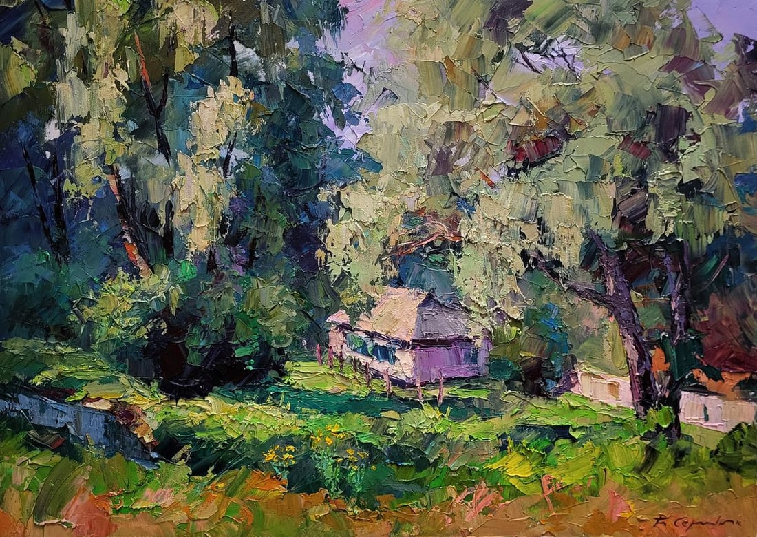 Oil painting House among greenery Boris Serdyuk: Title: Oil painting House among greenery Boris Serdyuk Description: No.SERB 1216The Oil painting on Canvas titled “House among greenery” immerses the viewer into a serene, almost idyllic