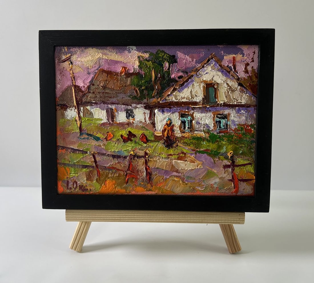 Oil painting Pink sunset over the village Oksana Ivanyuk: Title: Oil painting Pink sunset over the village Oksana Ivanyuk Description: No.AAA5574The Oil painting Canvas titled “Pink sunset over the village” depicts a vivid and nostalgic scene of rura