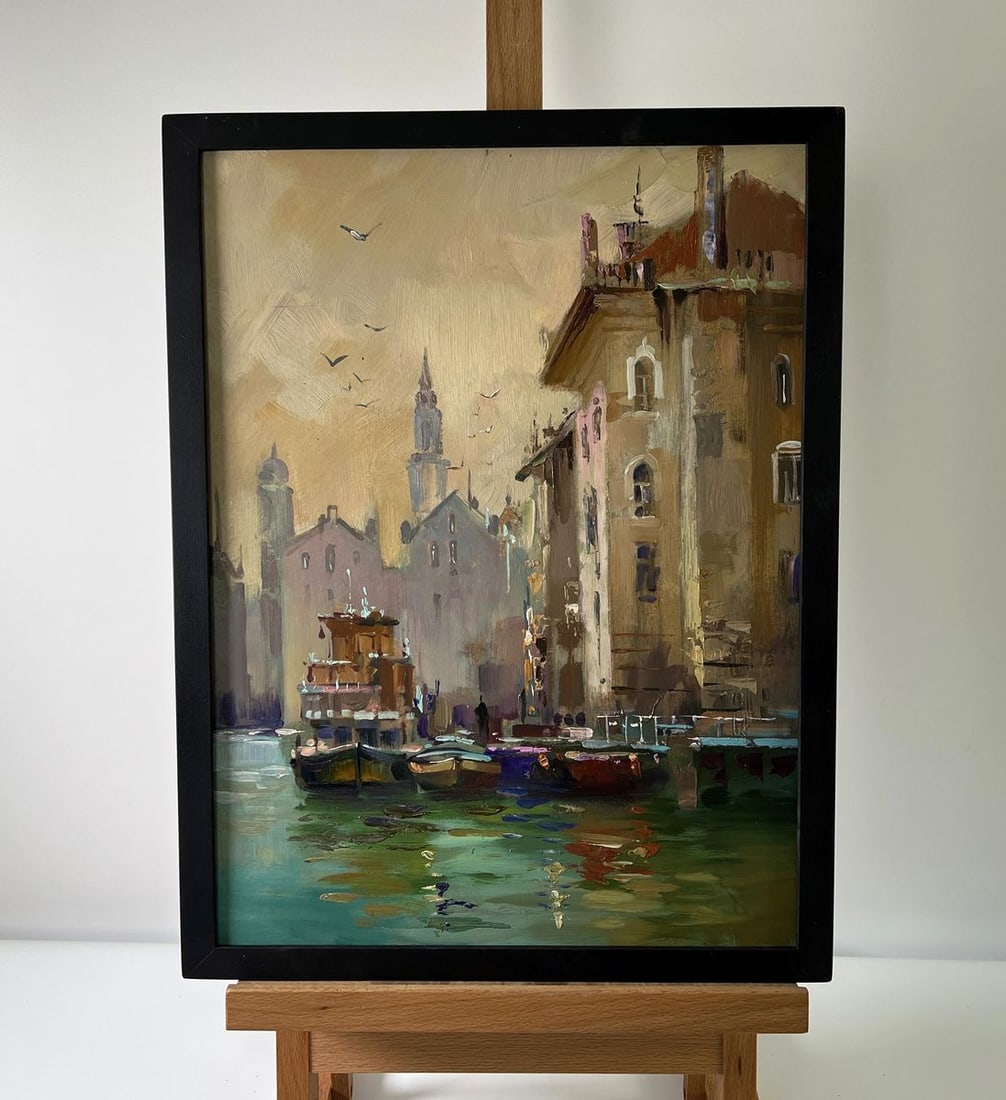 Oil painting City sailboats Yuriy Suprunchuk: Title: Oil painting City sailboats Yuriy Suprunchuk Description: No.AAA5677The Oil painting Cardboard titled “City sailboats” transports the viewer into an atmospheric urban harbor, where the