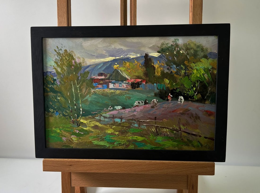 Oil painting A quiet village corner Yuriy Suprunchuk: Title: Oil painting A quiet village corner Yuriy Suprunchuk Description: No.AAA5706The Oil painting Cardboard titled "A quiet village corner" captures a moment of serene rural life where the beauty of