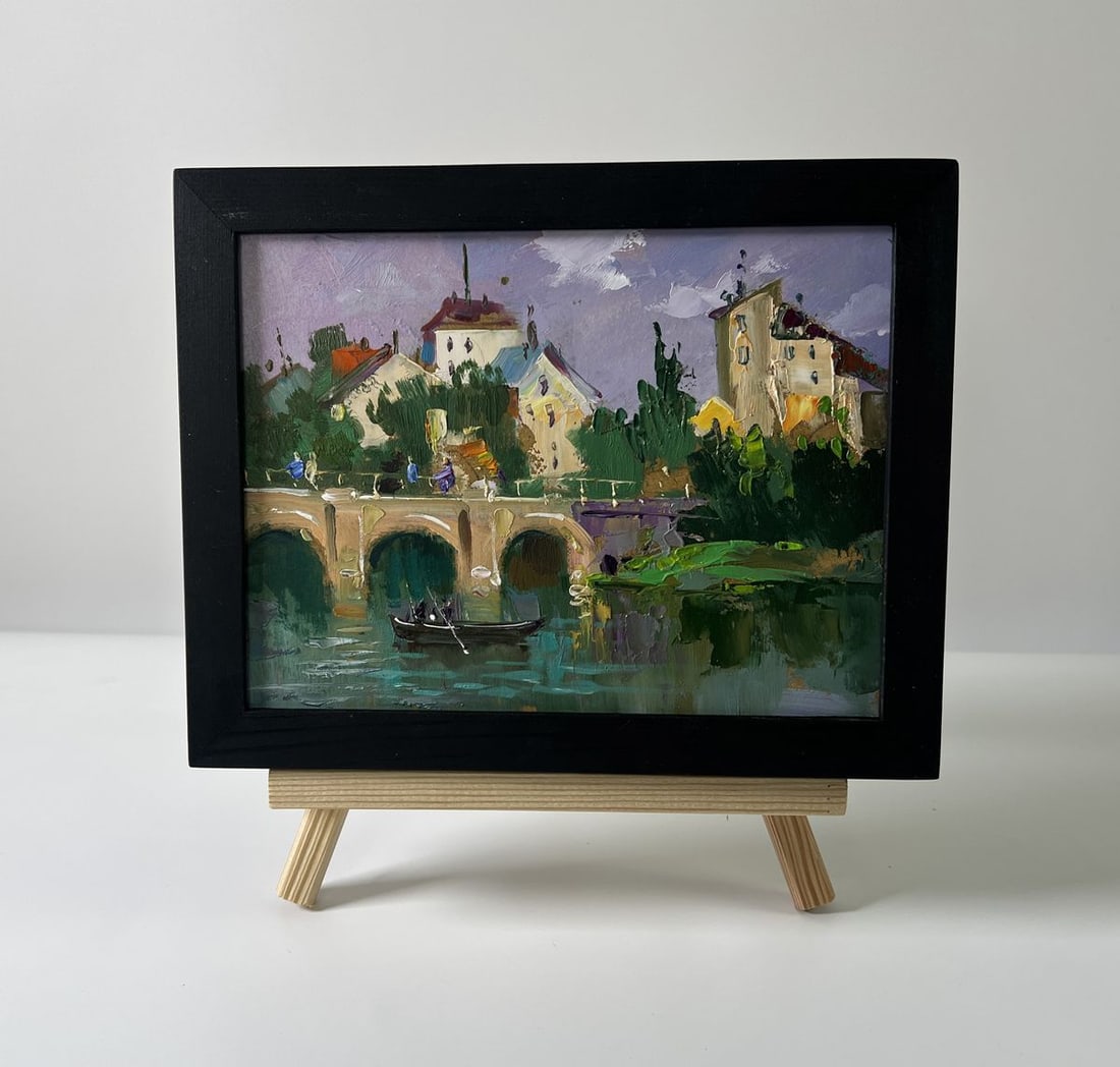 Oil painting City bridge Yuriy Suprunchuk: Title: Oil painting City bridge Yuriy Suprunchuk Description: No.AAA5720The Oil painting Cardboard titled "City bridge" captures a vivid and atmospheric scene of urban life where architecture, water,