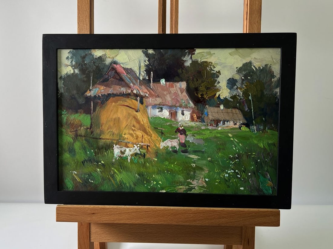 Oil painting Country house Yuriy Suprunchuk: Title: Oil painting Country house Yuriy Suprunchuk Description: No.AAA5767The Oil painting Cardboard titled "Country house" is a vivid and heartfelt portrayal of rural life, capturing the timeless cha