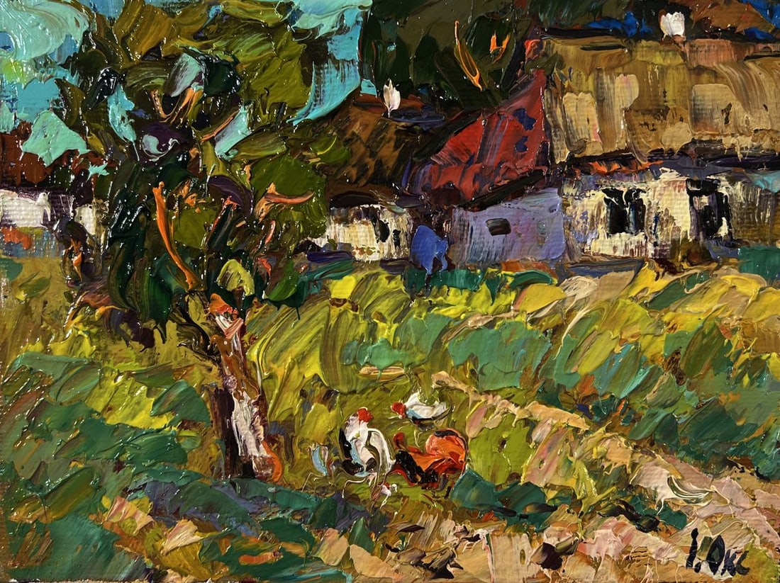 Oil painting Chickens in a village yard Oksana Ivanyuk - 3
