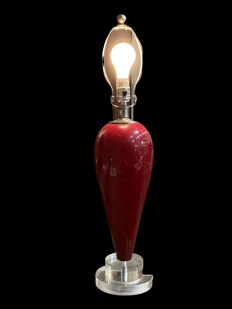 90s Pair of Red Ceramic Tear Drop Shaped Table Lamp w/ Acrylic Base - 18