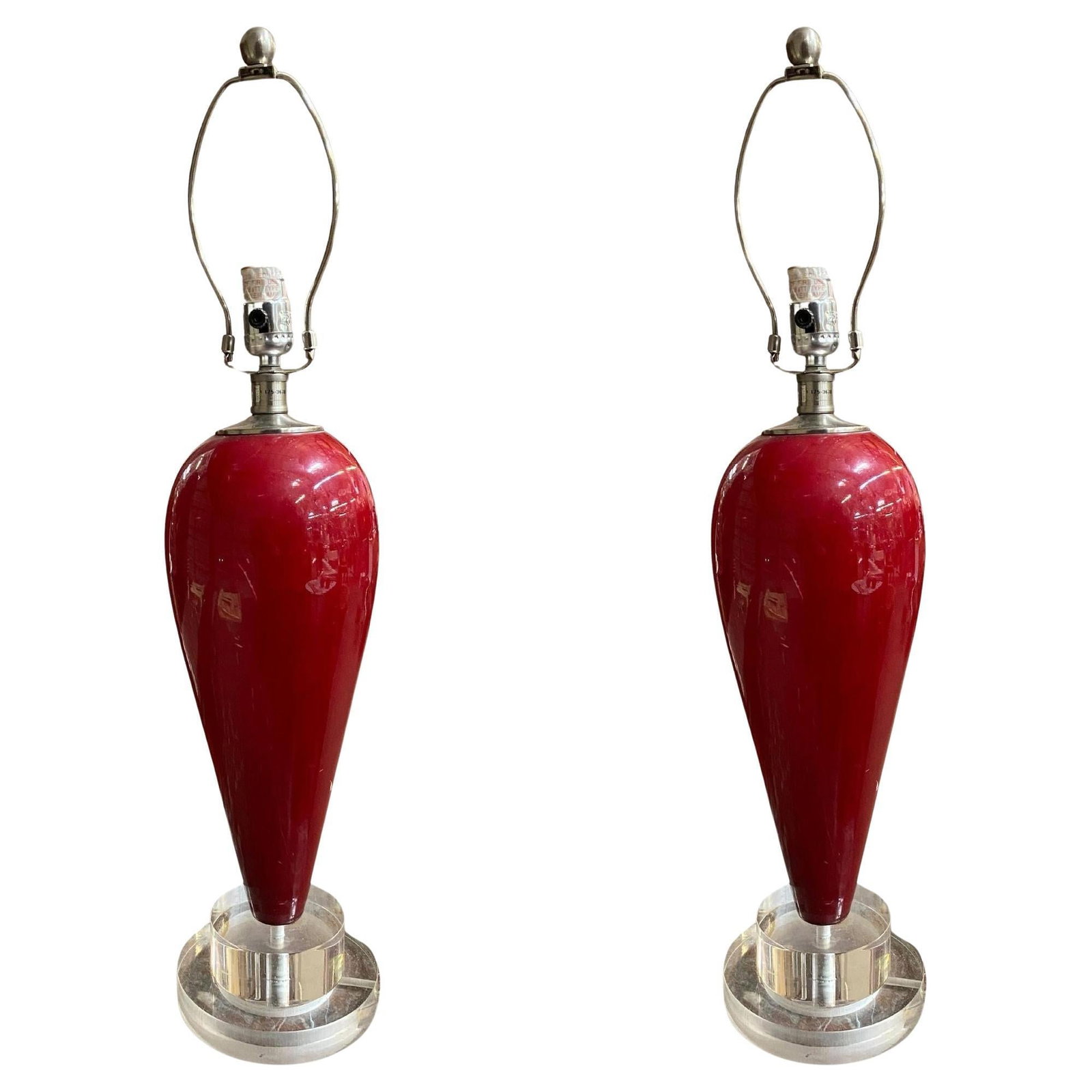 90s Pair of Red Ceramic Tear Drop Shaped Table Lamp w/ Acrylic Base (1 of 18)