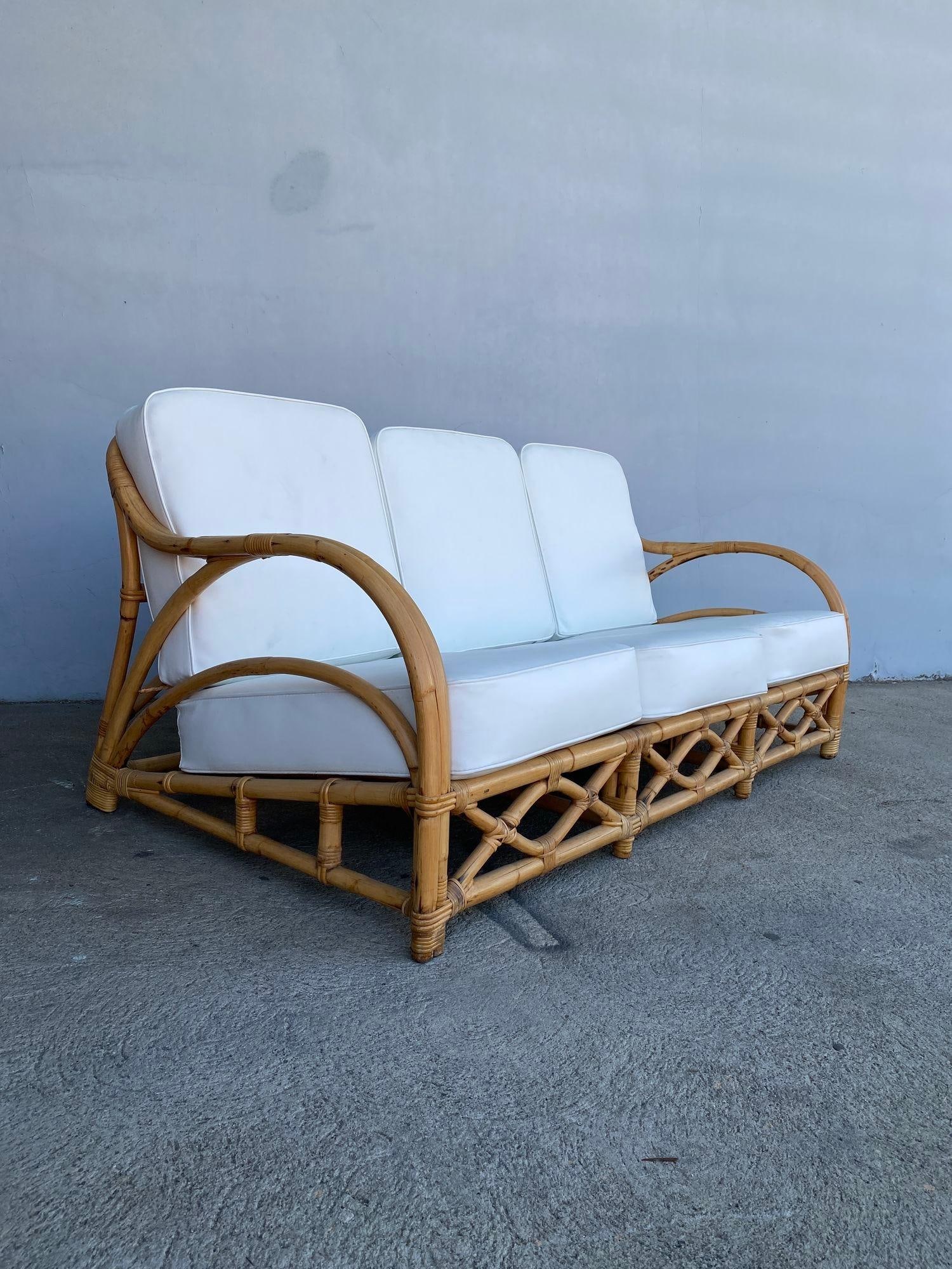 Rare Restored "1940s Transition" Rattan Sofa and Lounge Chair Living Room Set - 12