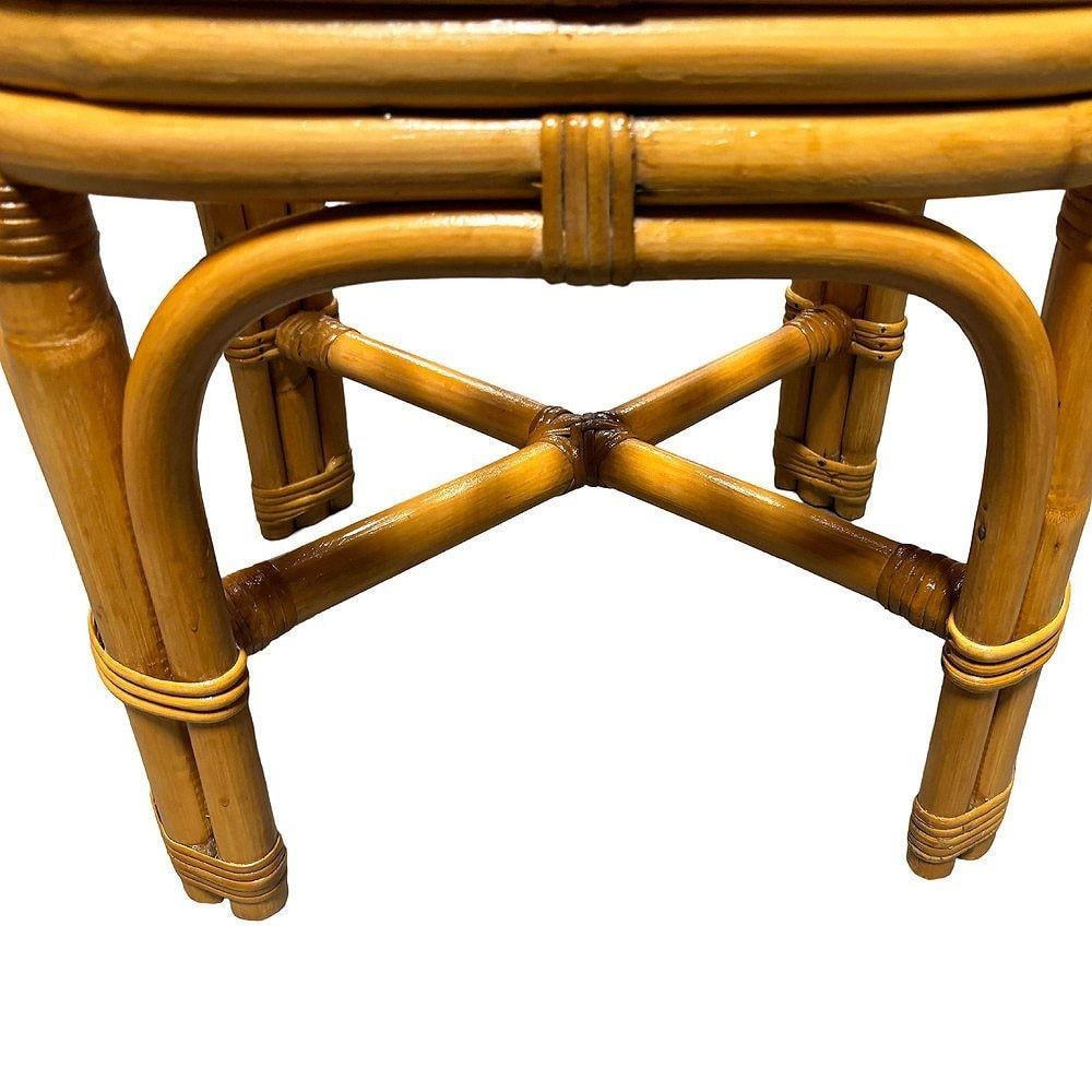 Restored Mid-century Rattan & Wicker Triple Arched Vanity Stool w/ Palm Fabric - 13