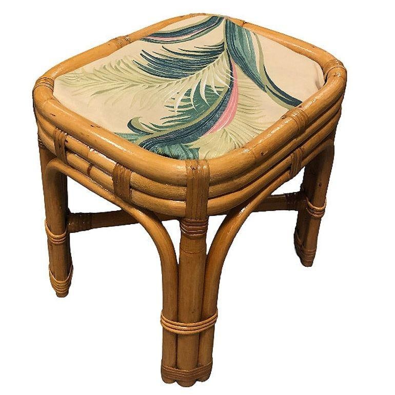 Restored Mid-century Rattan & Wicker Triple Arched Vanity Stool w/ Palm Fabric - 16