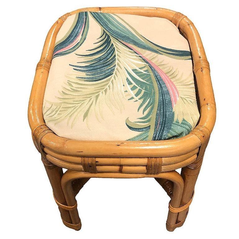 Restored Mid-century Rattan & Wicker Triple Arched Vanity Stool w/ Palm Fabric - 8