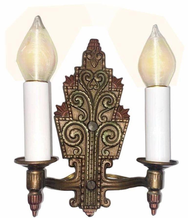 1920s Geometric Stepped Art Deco Daul Arm Bronze Wall Sconce by Crescent Brass - 2