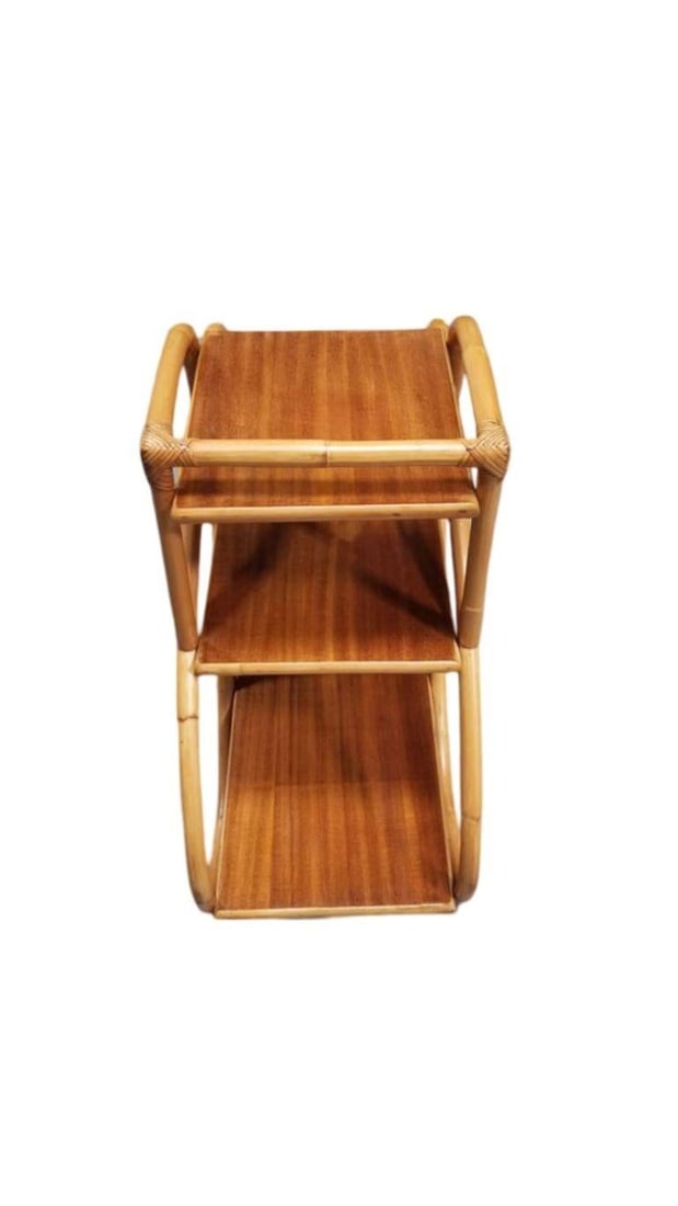 Restored Mid-century 3-Tier 3/4 Pretzel Rattan Side Table w/ Mahogany Top - 5