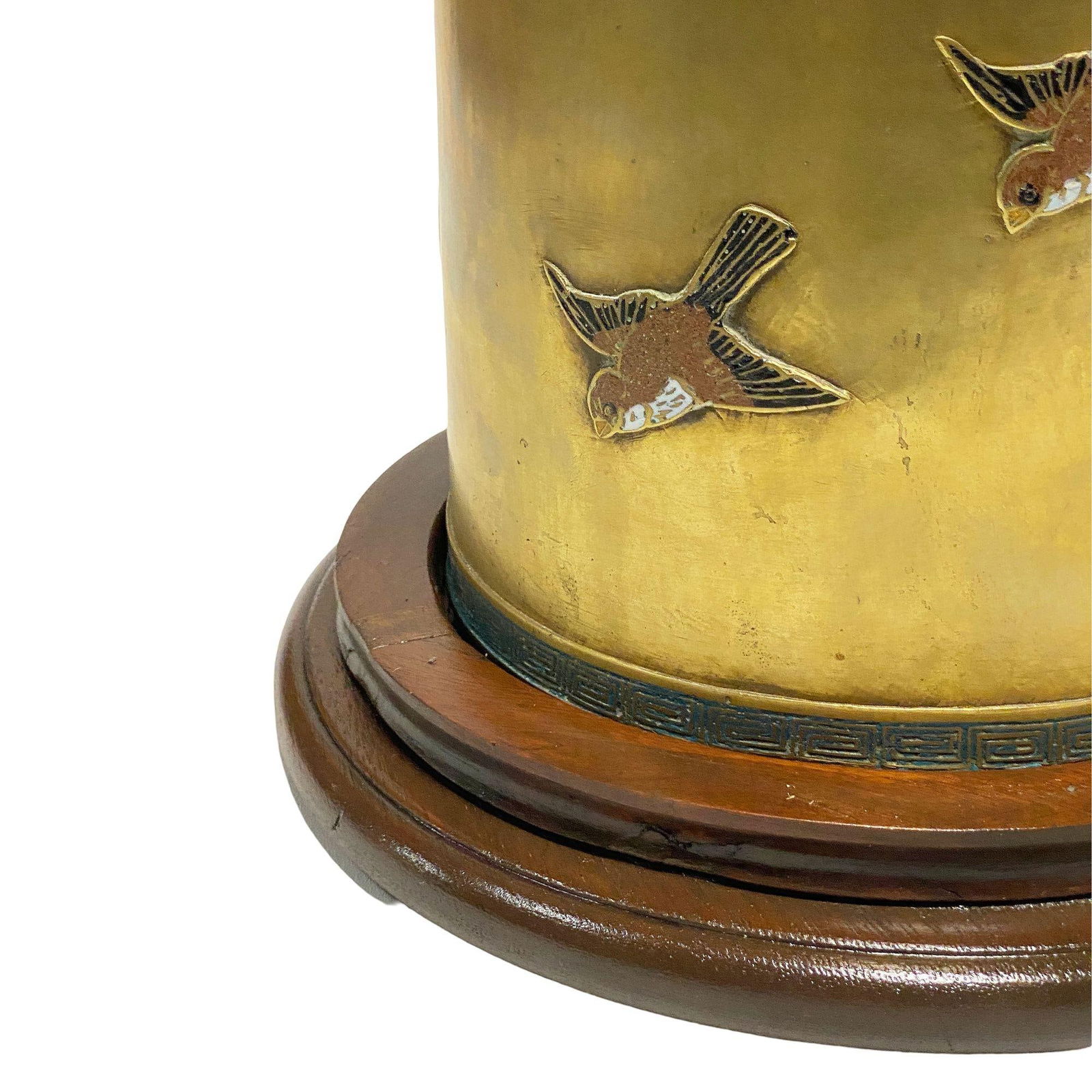Chinese Floral Bronze Cloisonne Enamel Cylinder Vase w/ Wood Base - 12