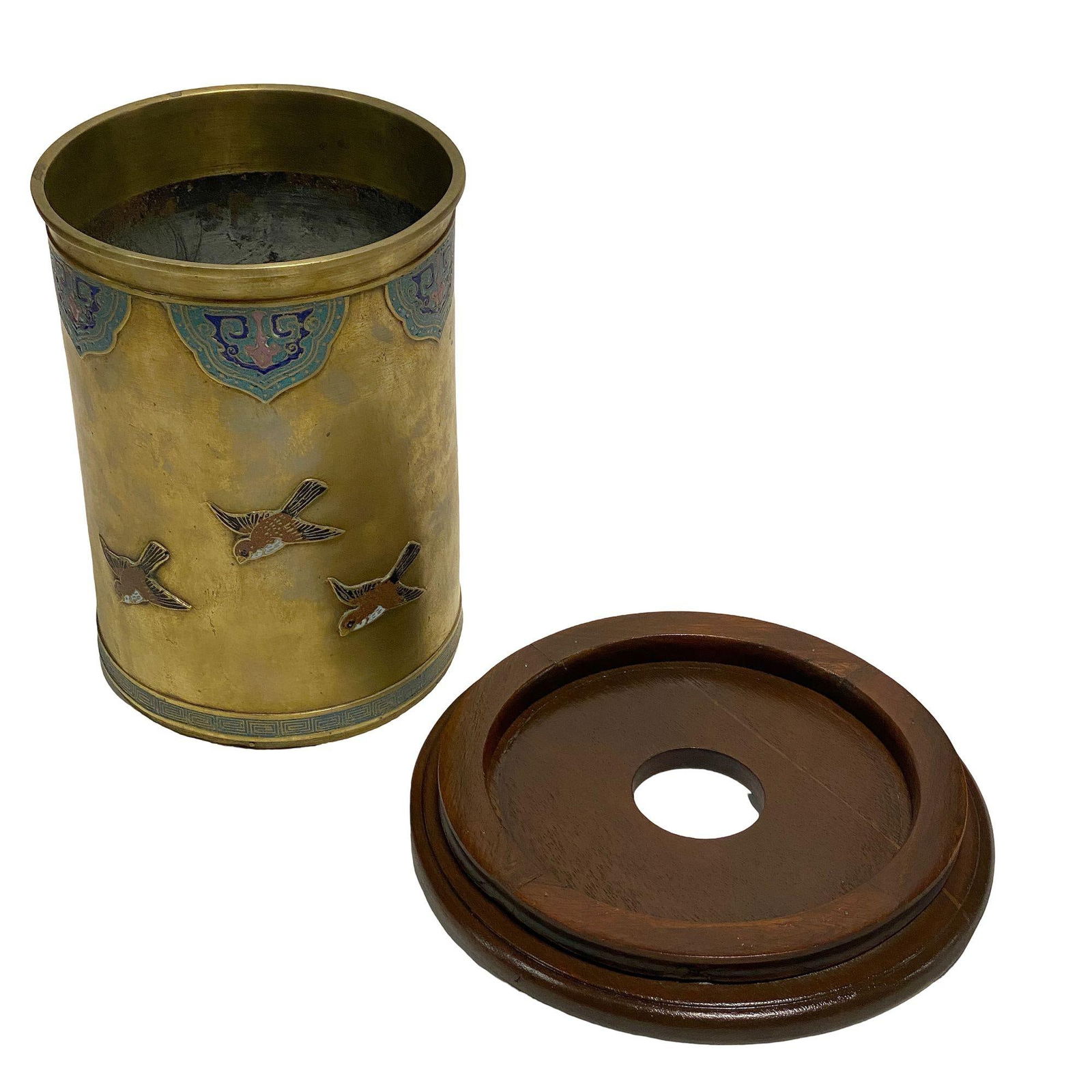 Chinese Floral Bronze Cloisonne Enamel Cylinder Vase w/ Wood Base - 19