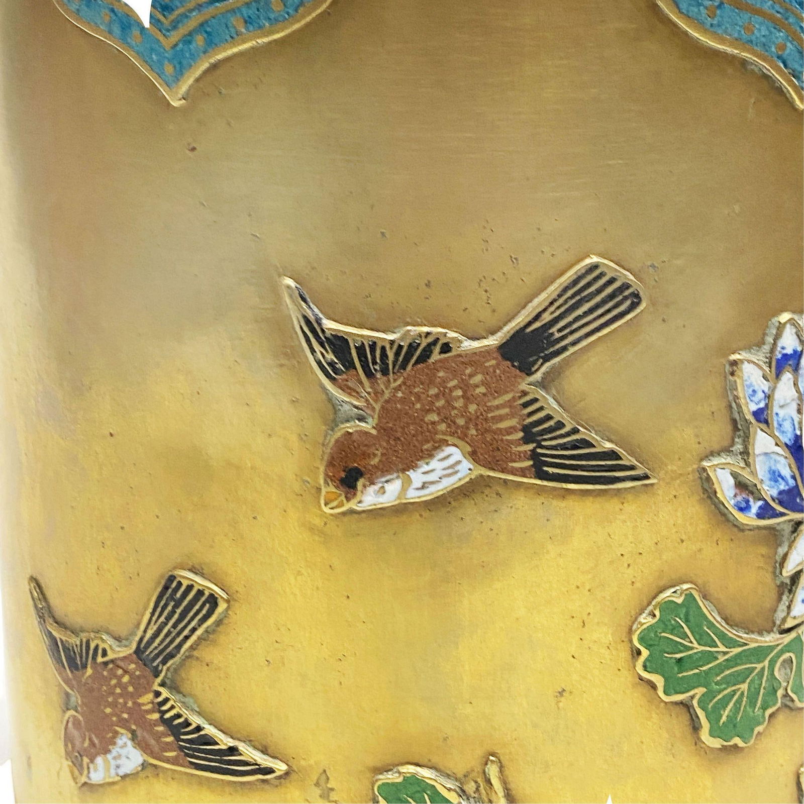 Chinese Floral Bronze Cloisonne Enamel Cylinder Vase w/ Wood Base - 6